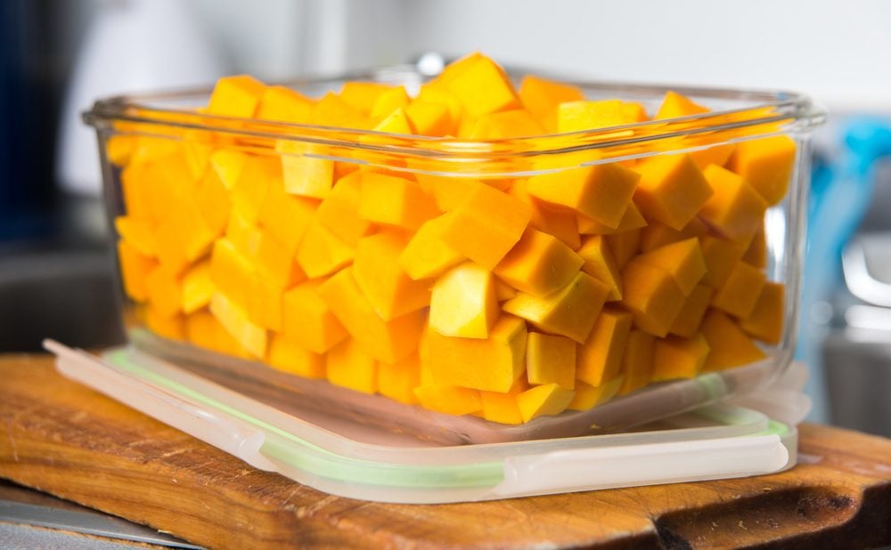 Cubed Butternut Squash in Glass Storage Container