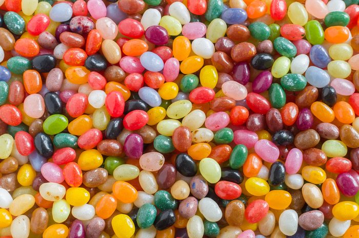 Colorful jelly beans candy background, overlook view