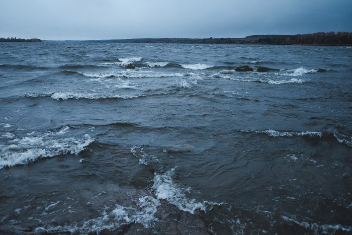 Waves on the lake during a storm, cloudy weather