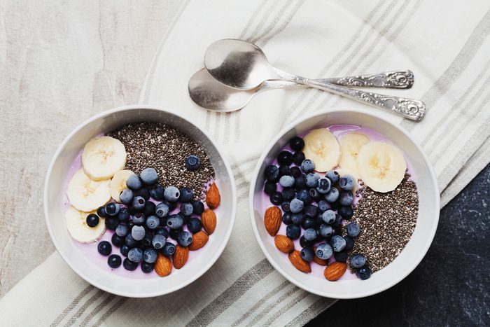 Bowls of yogurt with berries, banana, almonds and Chia seeds.