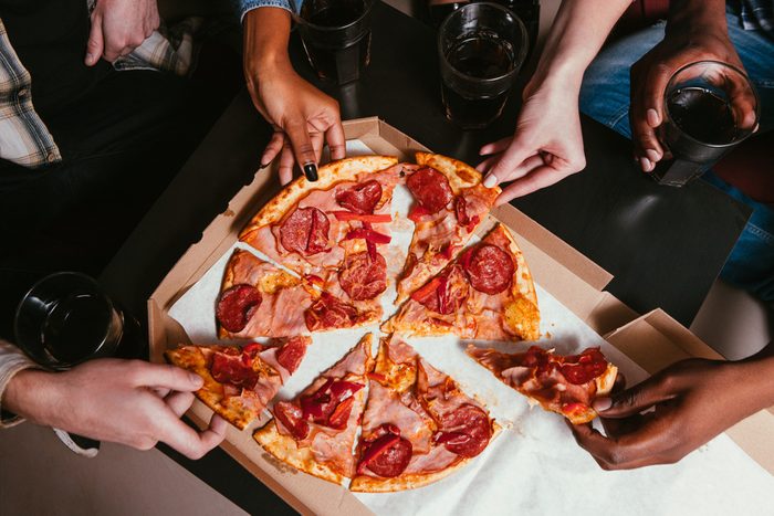 Friends Company Salami Pizza Eat Home Leisure Fun People Unrecognizable Interracial Salami Unhealthy Food Concept