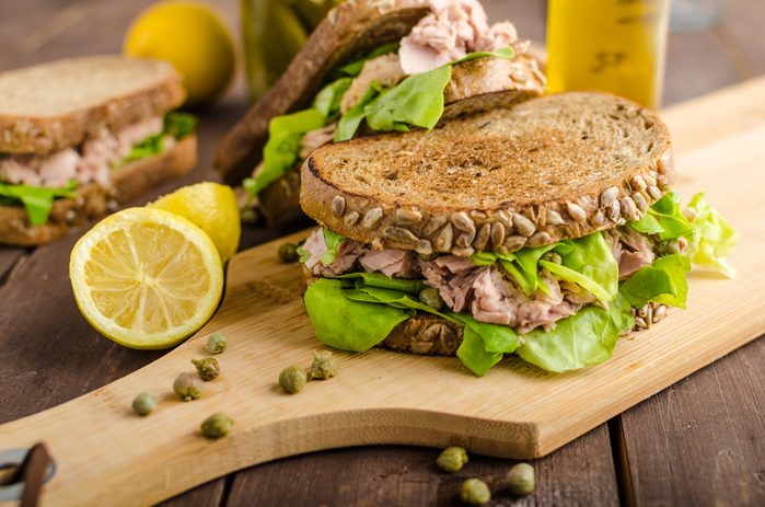 Tuna sandwich, capers, seed bread, lemon juice for freshness, little bit of dijon mustard and olive oil