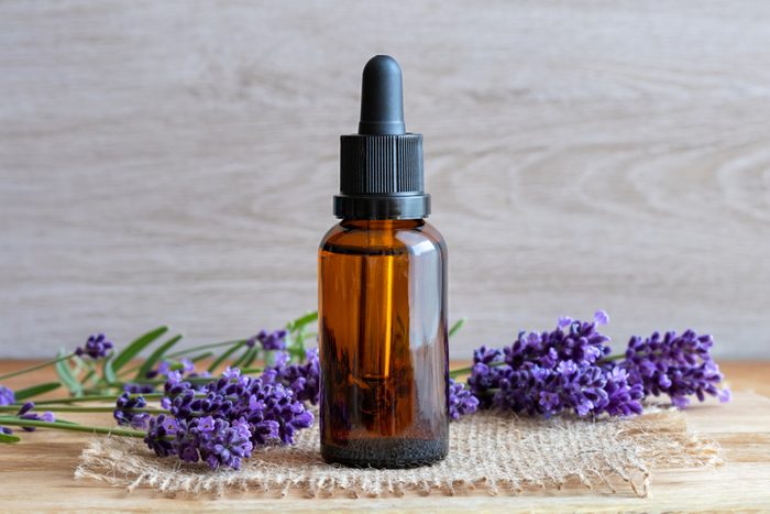 A bottle of essential oil with fresh blooming lavender twigs
