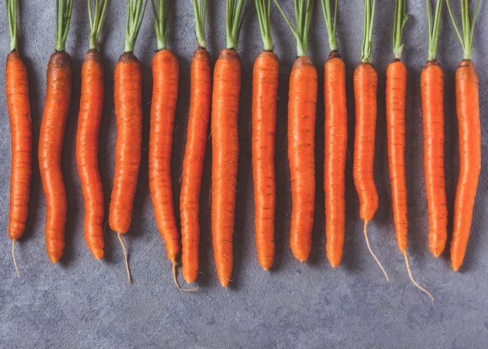 Fresh raw whole carrots on gray betonlook background. Rustic style.Top view. Flat lay.