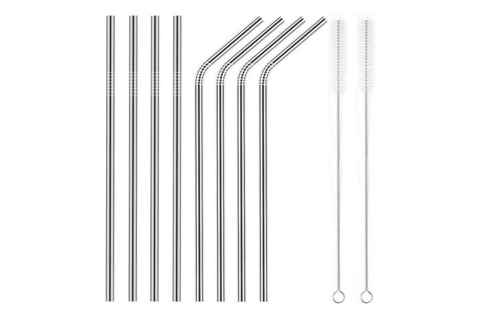 set of metal straws and two cleaning brushes