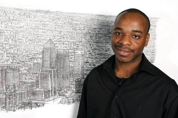 Artist Stephen Wiltshire sketching a panorama of London from memory, City Hall, London, Britain - 12 Oct 2007