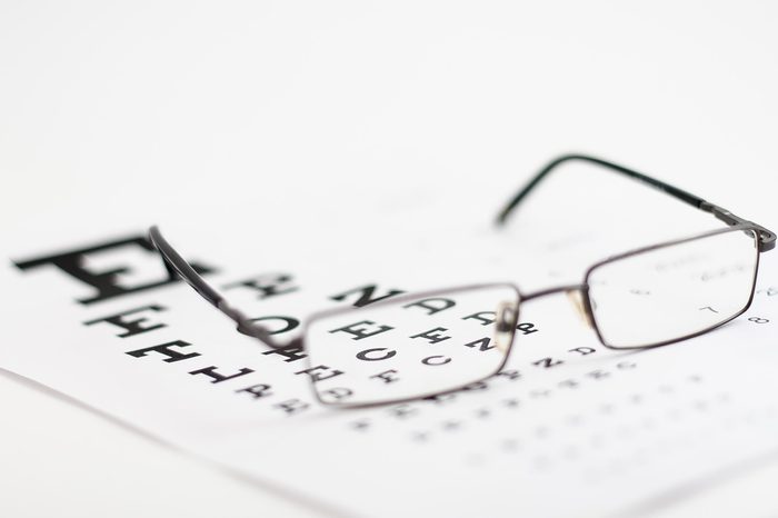 Pair of eyeglasses on an eye test exam.
