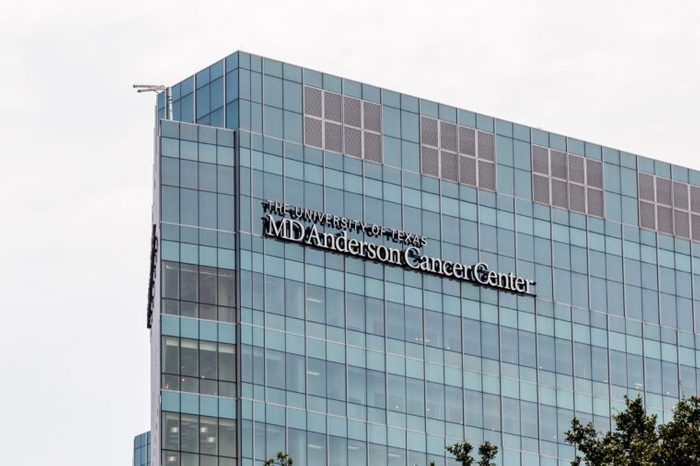 Houston, Texas, USA - September 22, 2018: Sign of The University of Texas MD Anderson Cancer Center on the building in Houston, one of the original three comprehensive cancer centers in the US