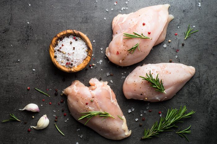 Raw chicken fillet with spices. Food background, cooking ingredients. Fresh meat. Chicken breast.