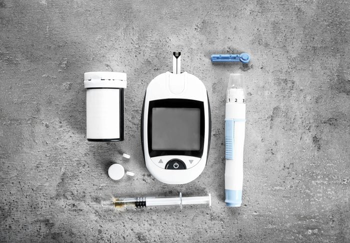 Digital glucometer, lancet pen, syringe, and medications