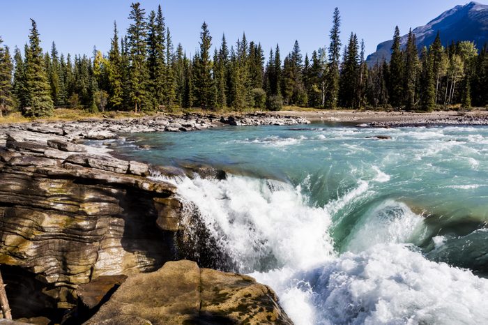 Athabasca Falls is a waterfall in Jasper National Park on the upper Athabasca River, approximately 30 kilometres south of the townsite of Jasper, Alberta, Canada, just west of the Icefields Parkway.