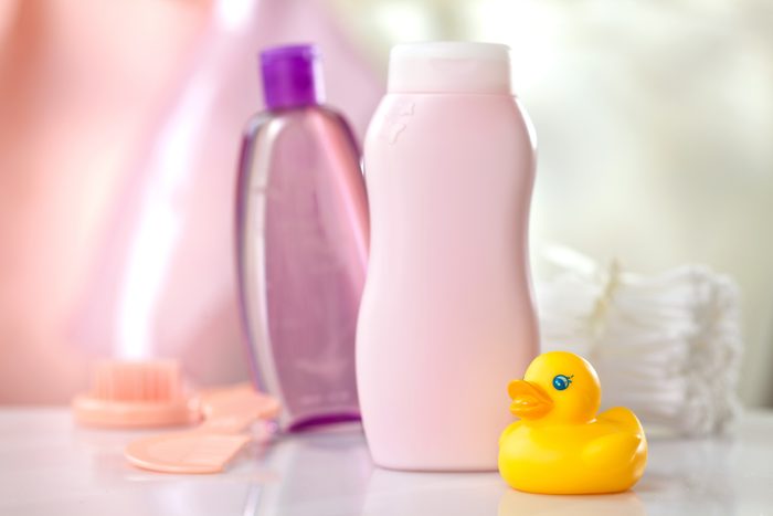 baby shampoo bottle and bath accessories
