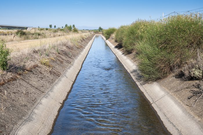 Irrigation ditch in the plain of the River Esla, in Leon Province, Spain.