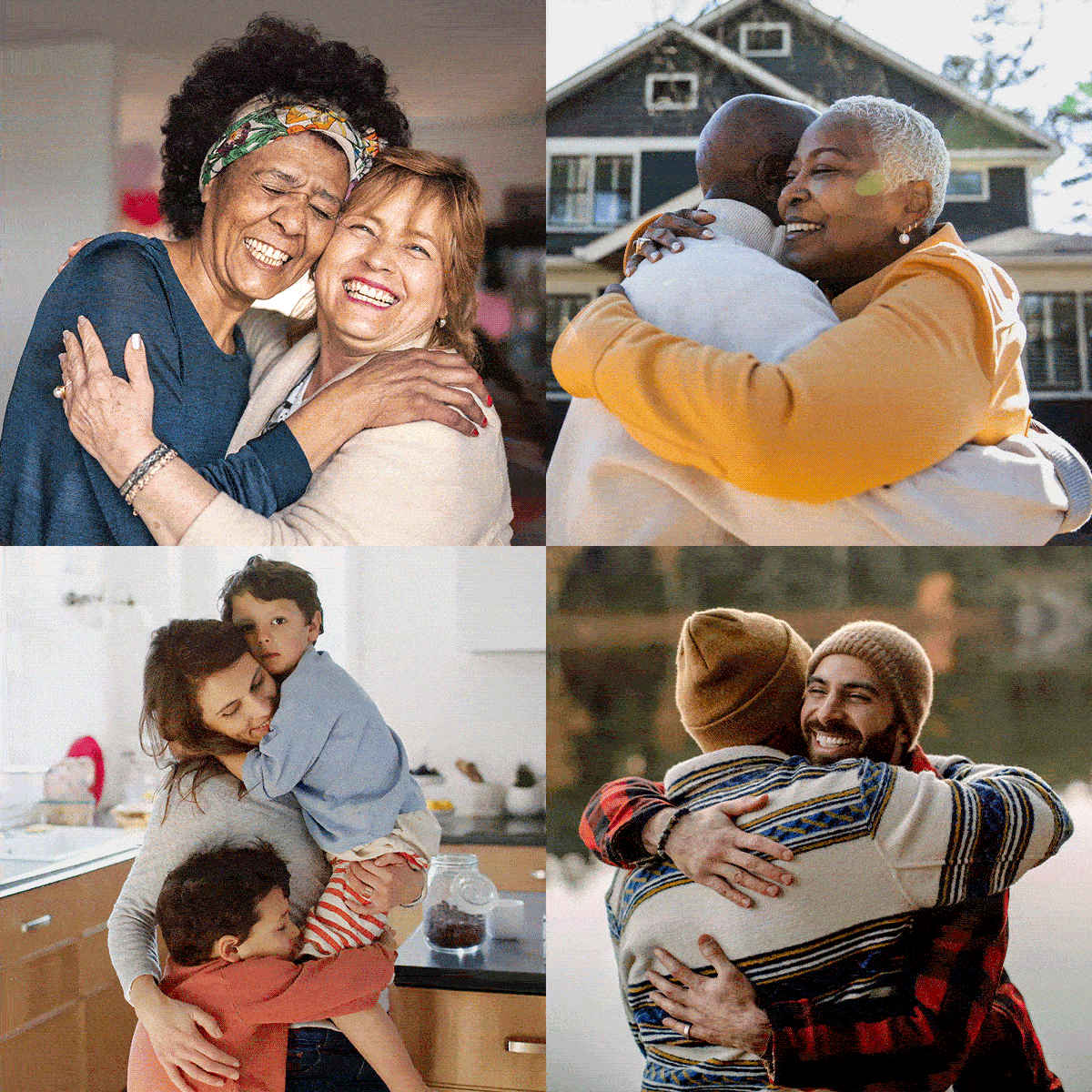 Animated GIF cycling through 8 photos of people hugging
