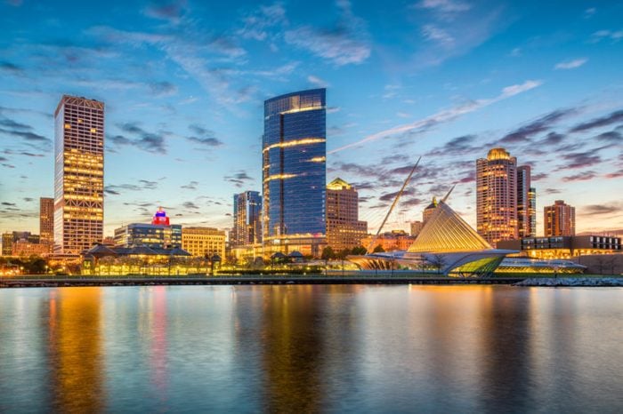 Milwaukee, Wisconsin, USA downtown city skyline on Lake Michigan at twilight.