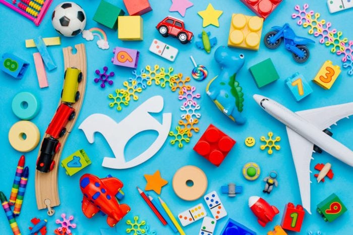 children's toys on blue background
