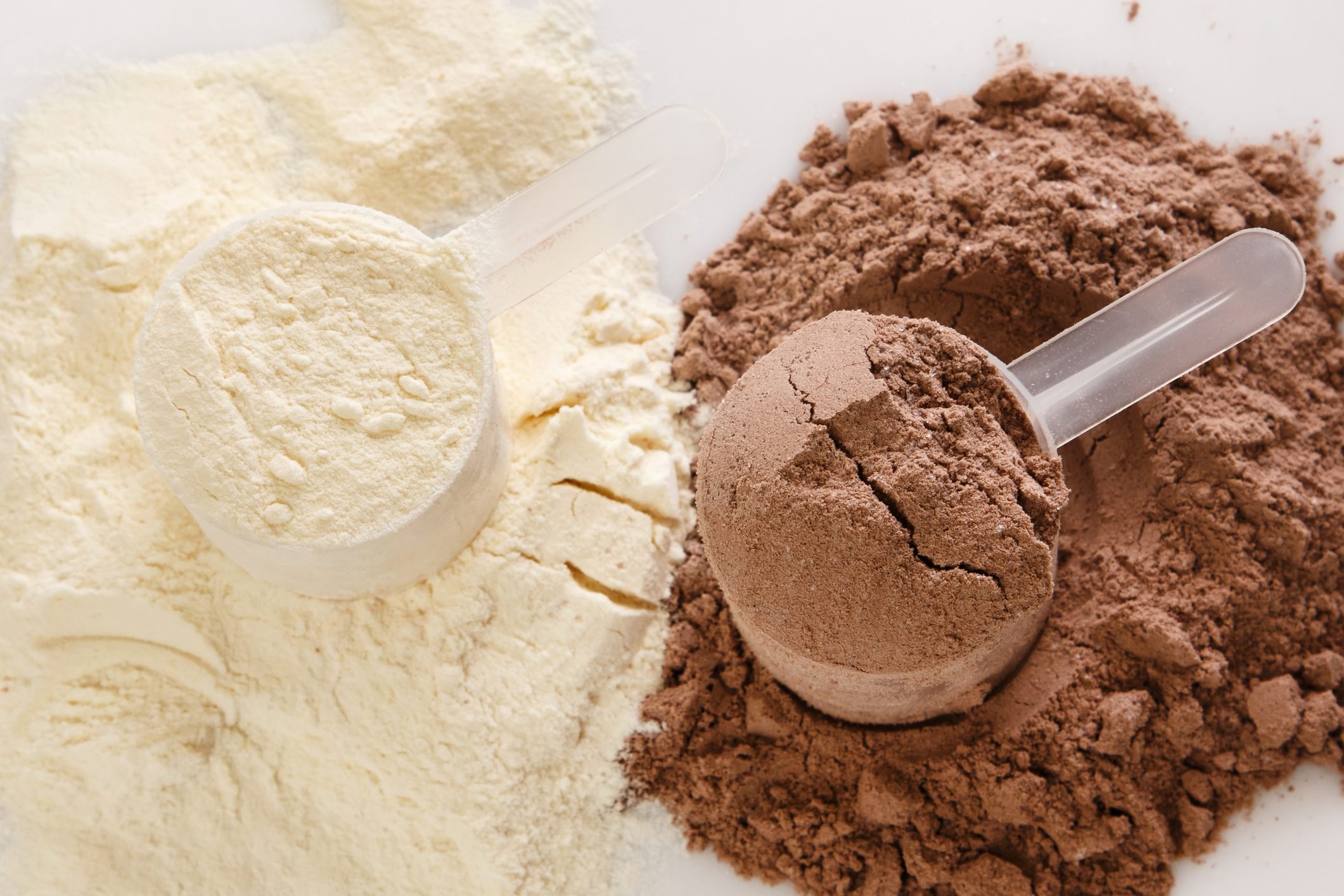 chocolate and vanilla protein powder in scoops