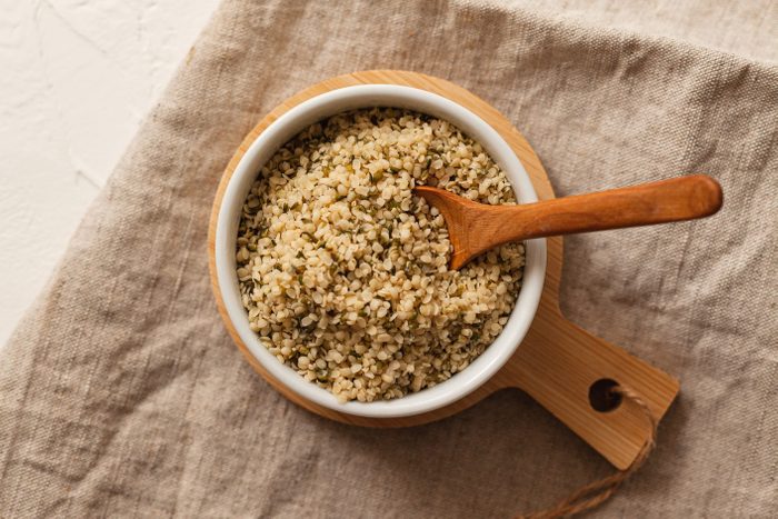 hemp seeds in bowl shot from above