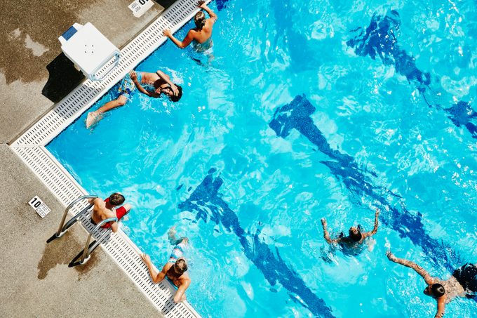 aerial shot of people in swimming pool