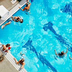 aerial shot of people in swimming pool
