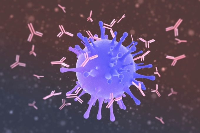 computer illustration of anitbodies attacking virus