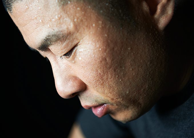 close up of sweat on man's face