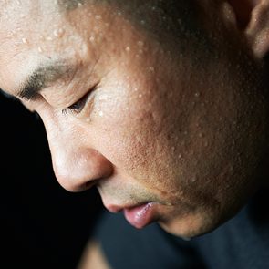 close up of sweat on man's face