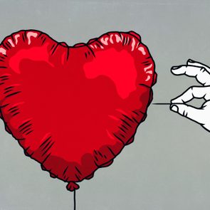 hand with pin ready to pop red heart balloon illustration