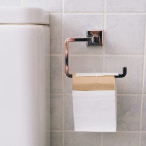 close up of toilet paper roll next to toilet