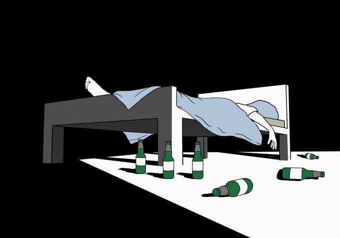 person in bed with beer bottles on floor alcoholism concept illustration