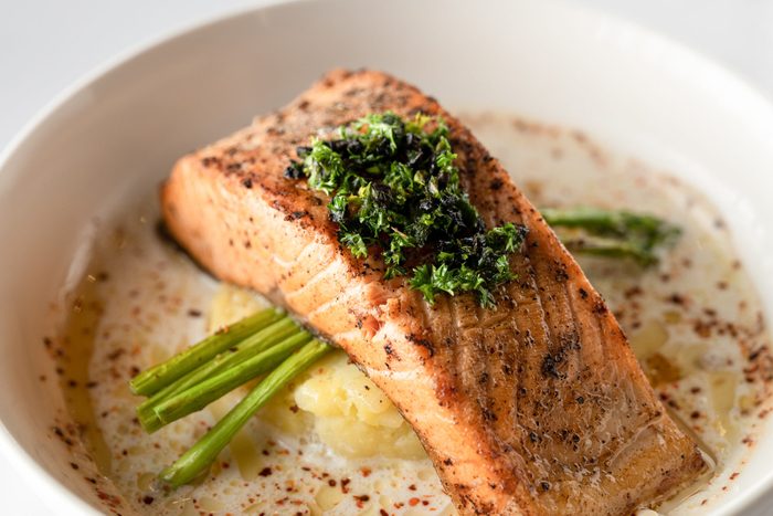 Baked Salmon with Mashed Potato and Asparagus, Creamy Sauce