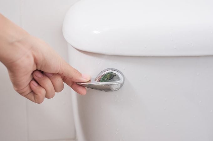 Cropped Hand Of Person Flushing Toilet In Bathroom