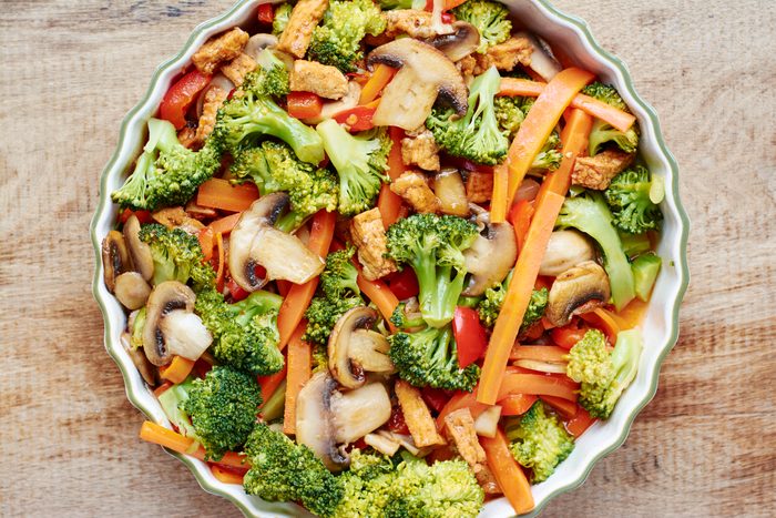 Broccoli, carrot, mushroom stir fry with tofu.