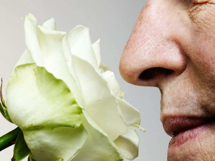 man smelling rose, close-up