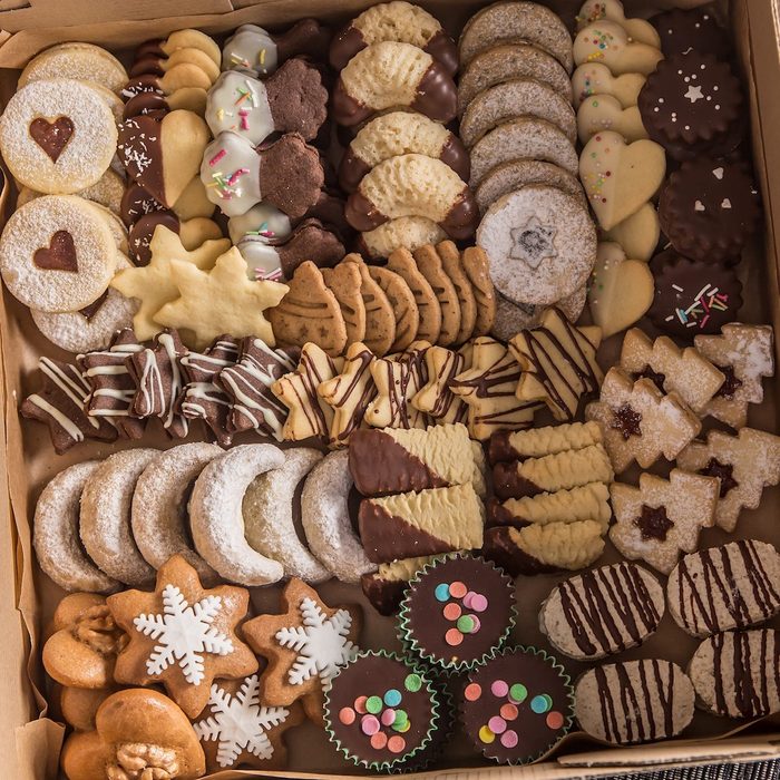 A box full of assorted cookies.