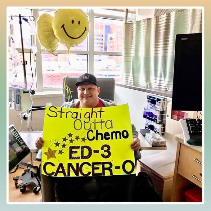 Ed Yakacki with chemo sign