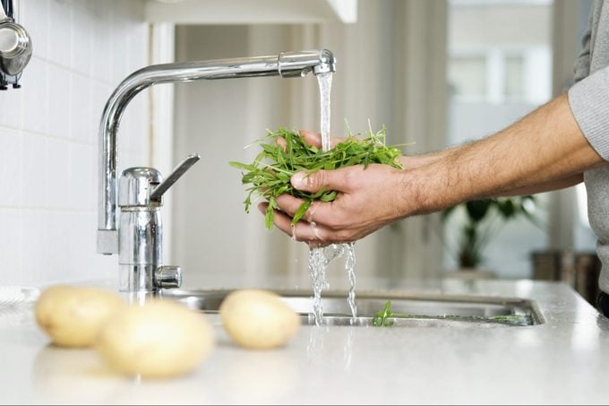 Man in kitchen washing lettuce