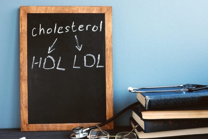 HDL vs LDL cholesterol written on chalkboard in doctor's office