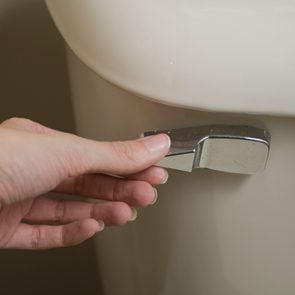 Close-up view of hand about to flush handle of tan toilet