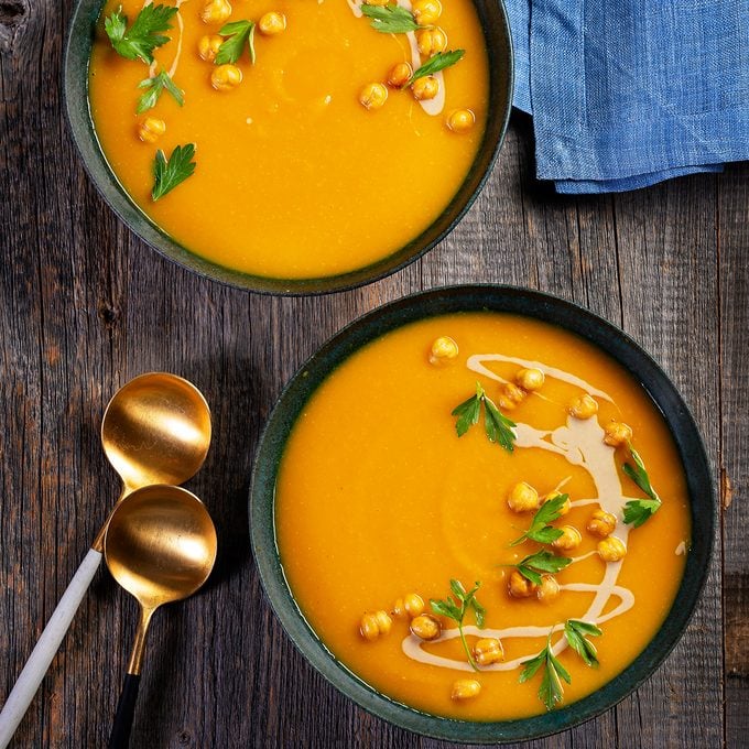 Butternut Squash Soup With Tahini And Crispy Chickpeas