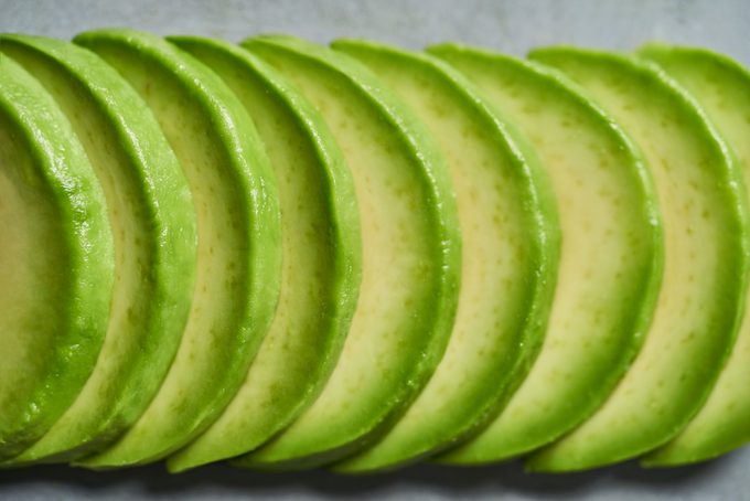 Close-up of a neatly arranged sliced avocado