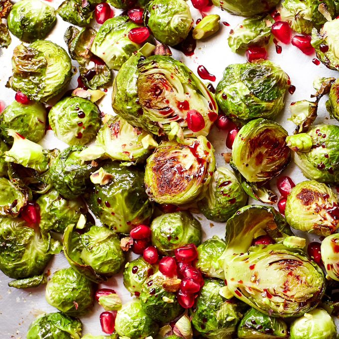 Pomegranate Glazed Brussels Sprouts With Pistachios