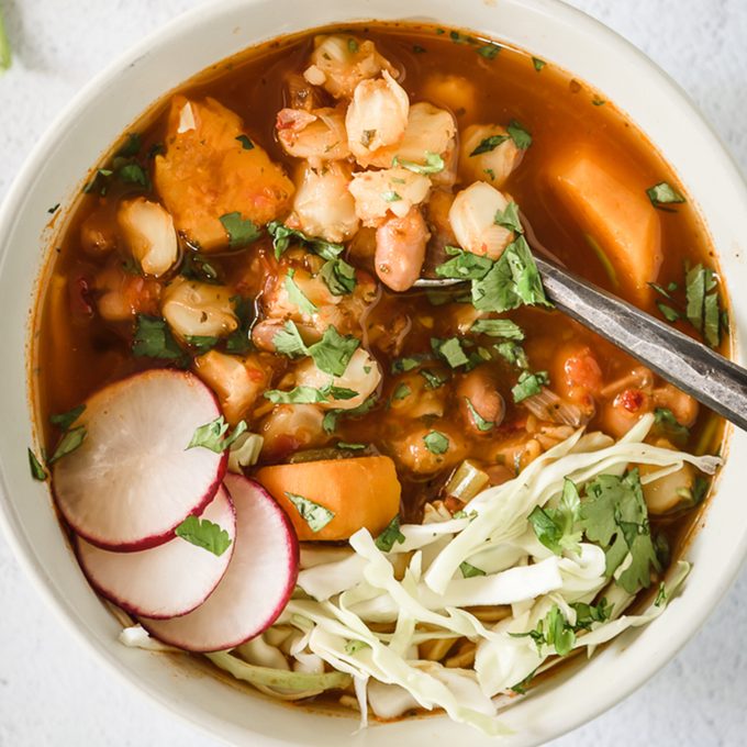 Vegetarian Pozole With Pinto Beans And Sweet Potato