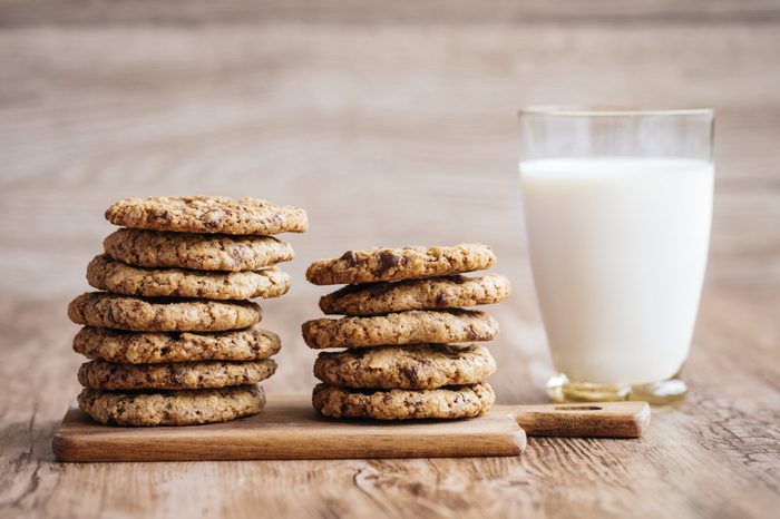 Milk and cookies, homemade with chocolate chips.