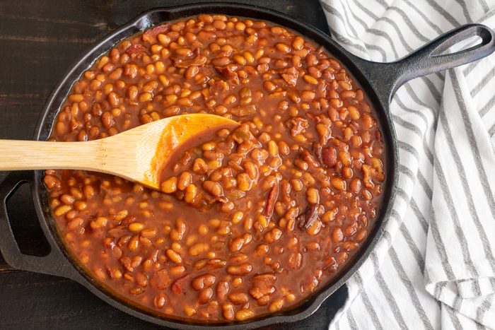 Bourbon Baked Beans in a Cast Iron Skillet