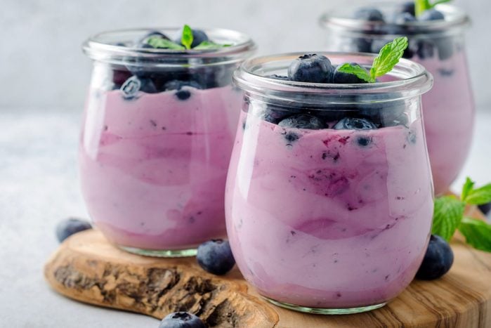 blueberry flavored yogurt in small jars