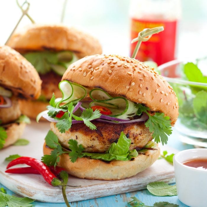 Thai chicken burger with cucumber and sweet chilli sauce