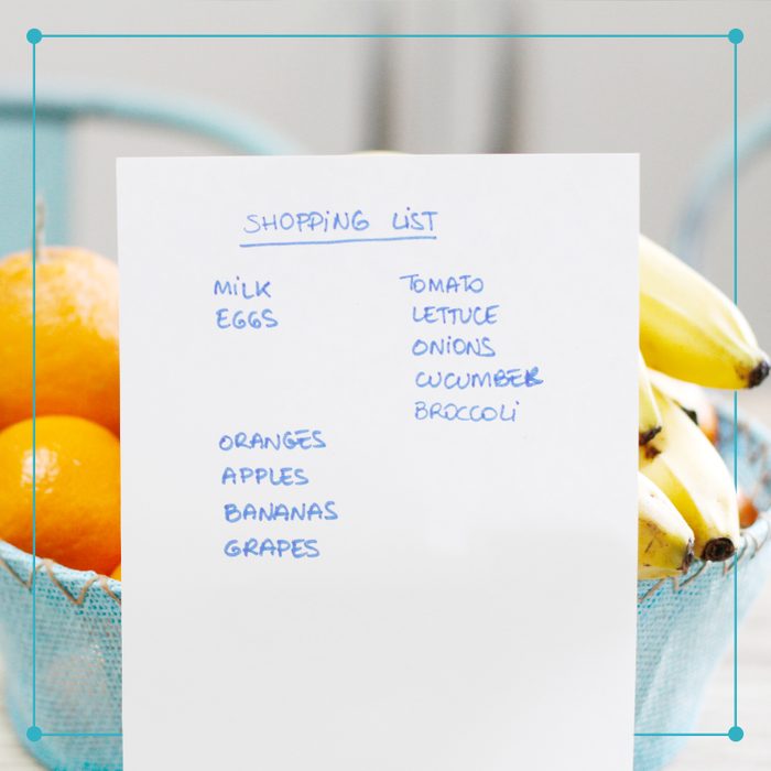 a grocery shopping list propped up against a bowl of fruit