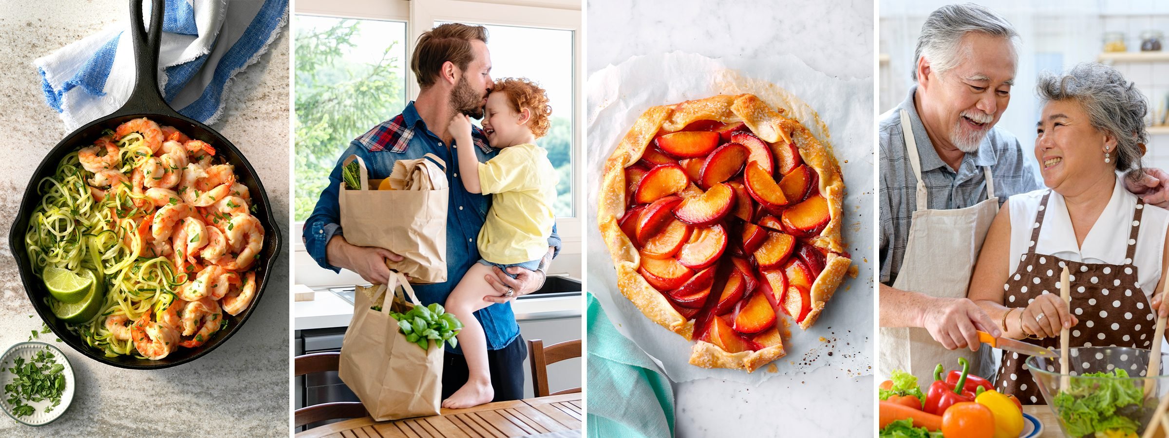 four images divided by white lines. A shrimp dinner dish served in a cast iron skillet, a father kissing his son as hi carries in groceries, a fruit tart, and a happy mature coupe cooking a healthy dinner together