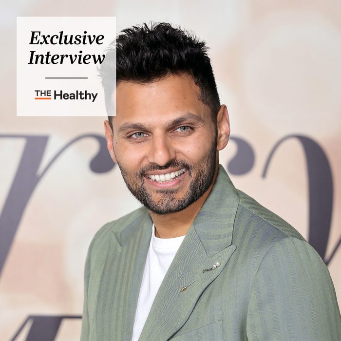 The Healthy Exclusive Interview logo on a portrait of Jay Shetty